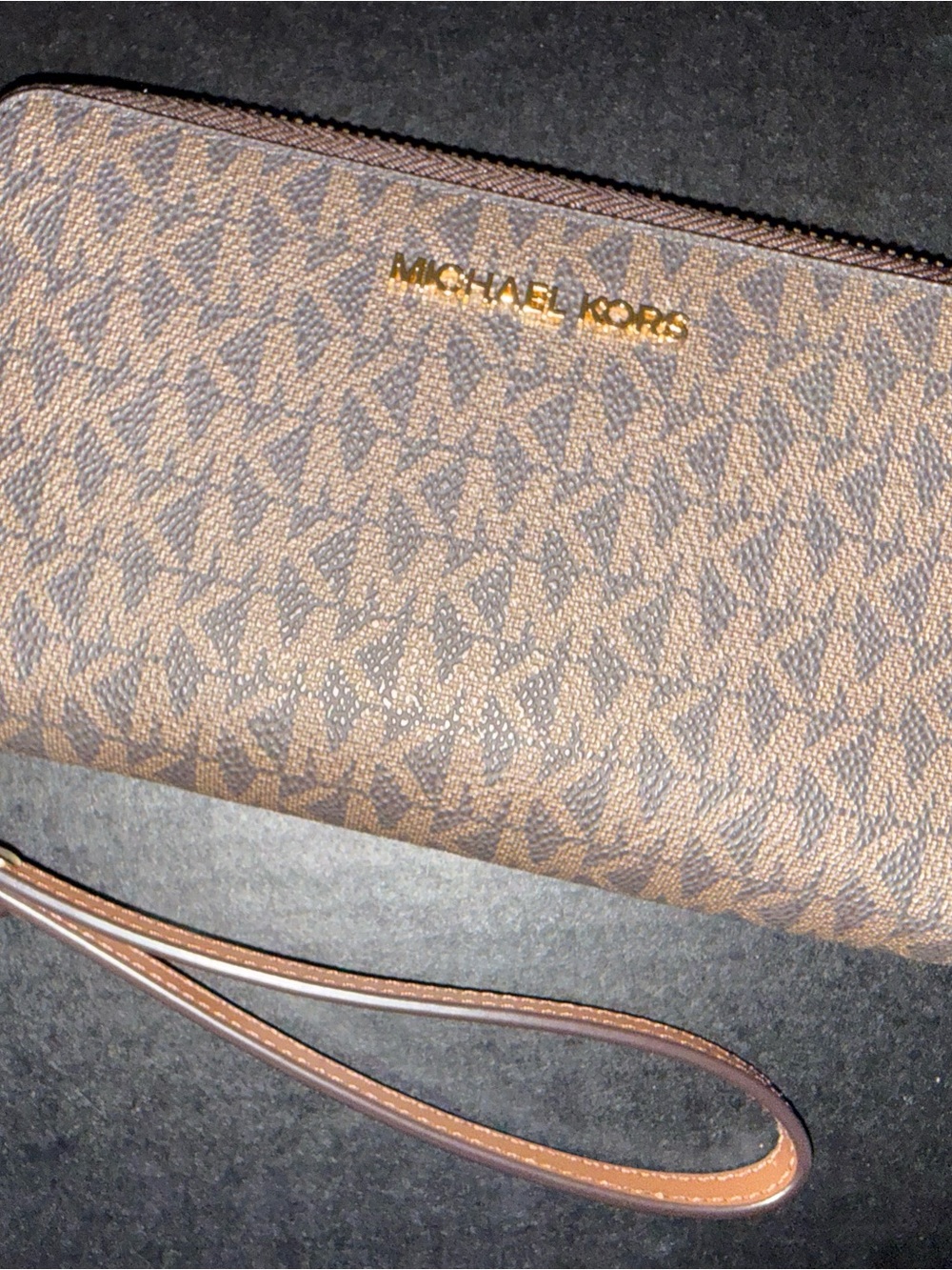 NEW Michael Kors Brown Logo-Print Wristlet with Gold Logo
